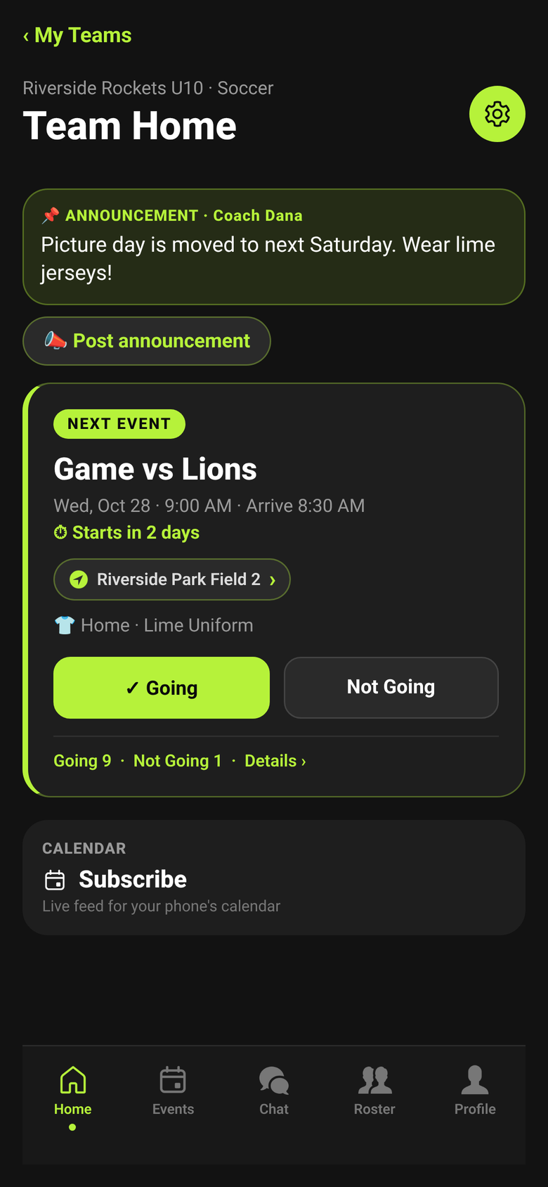 ClubGM Team Home screen showing a pinned announcement and the next game with RSVP buttons